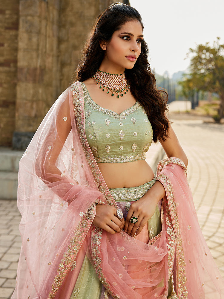 Pink Multi colour Tissue Sequinse embroidery Semi-Stitched Lehenga choli & Dupatta ClothsVilla