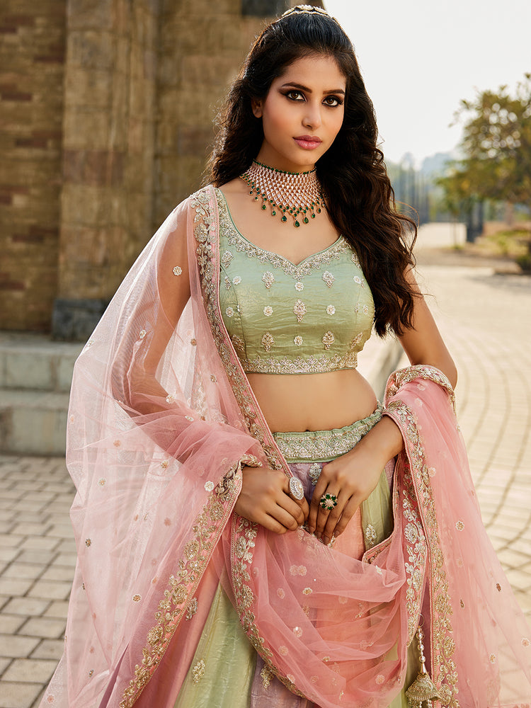 Pink Multi colour Tissue Sequinse embroidery Semi-Stitched Lehenga choli & Dupatta ClothsVilla
