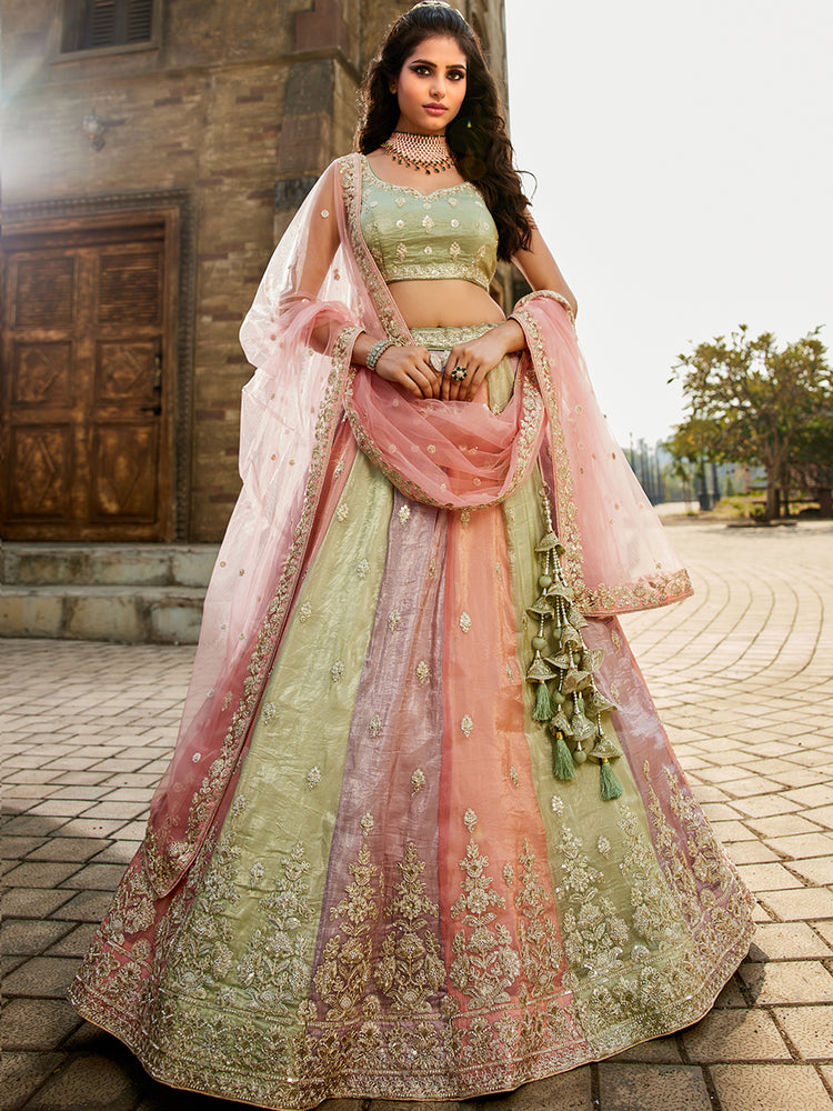 Pink Multi colour Tissue Sequinse embroidery Semi-Stitched Lehenga choli & Dupatta ClothsVilla