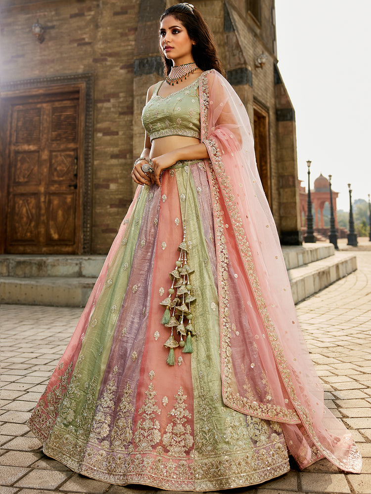 Pink Multi colour Tissue Sequinse embroidery Semi-Stitched Lehenga choli & Dupatta ClothsVilla