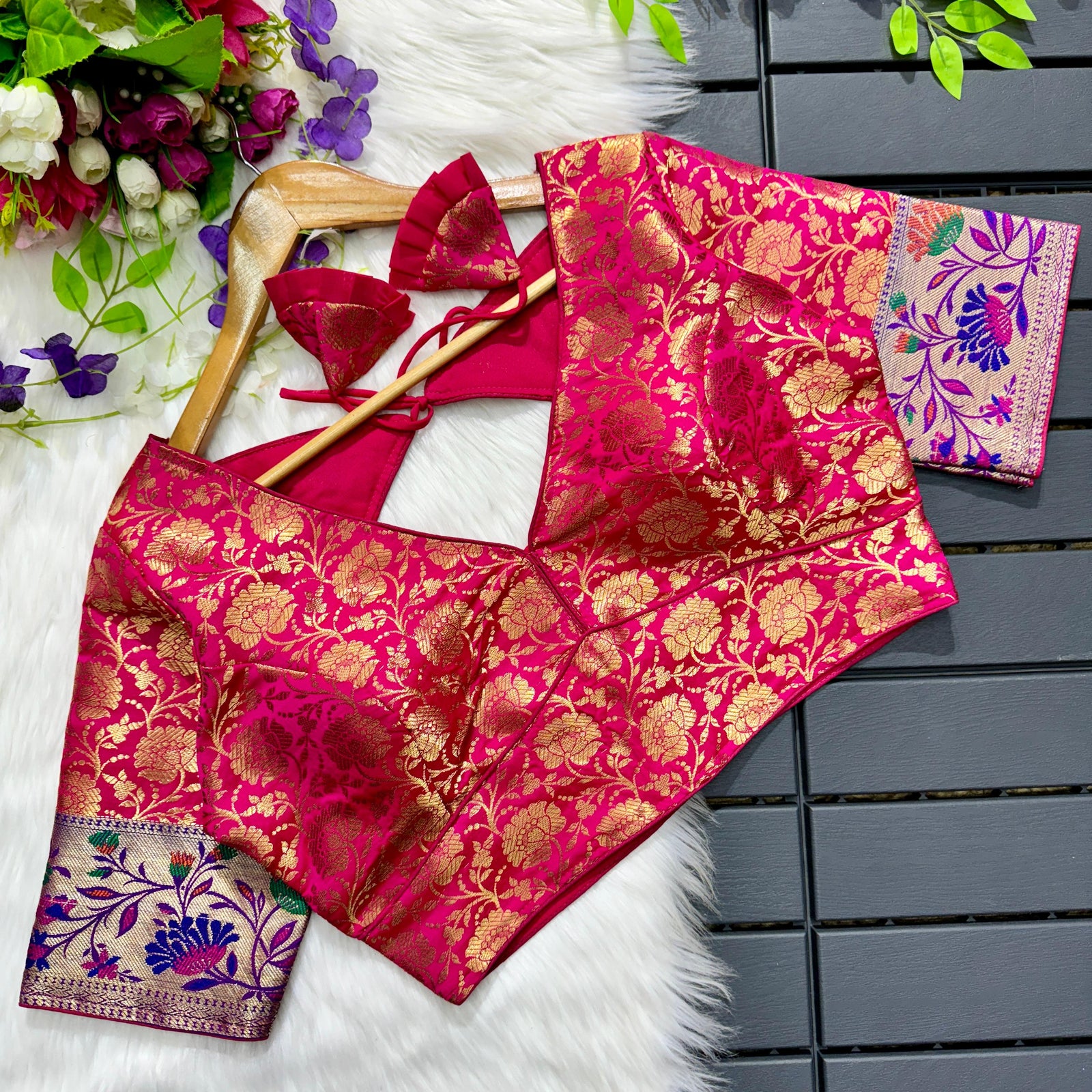 Pink Multi Meena Work Pure Paithani Blouse ClothsVilla