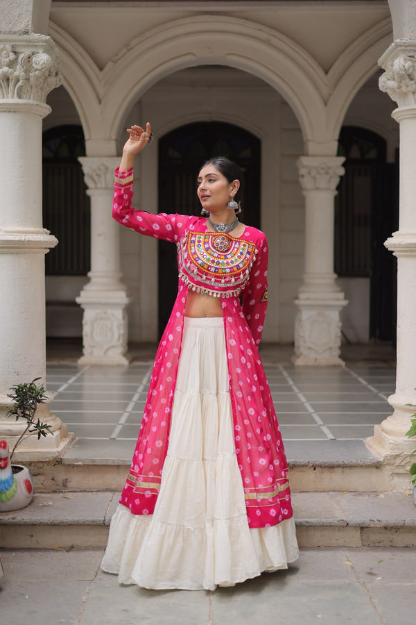 Pink Navratri Special Bandhani Kurti with Kora Cotton Frill Lehenga Set – Full Stitched ClothsVilla