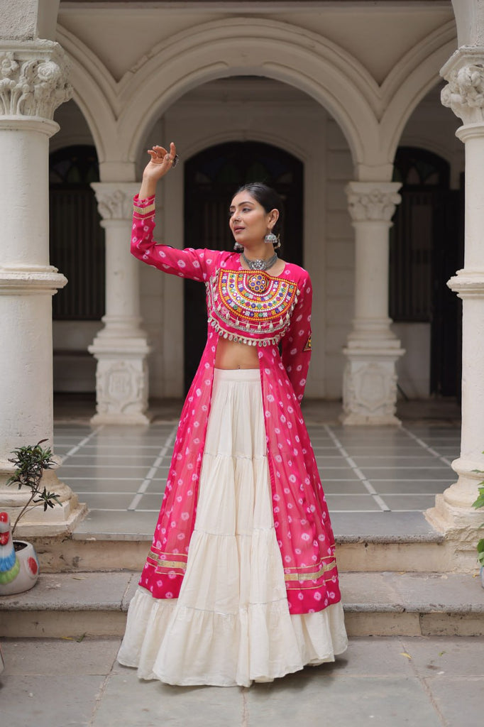 Pink Navratri Special Bandhani Kurti with Kora Cotton Frill Lehenga Set – Full Stitched ClothsVilla