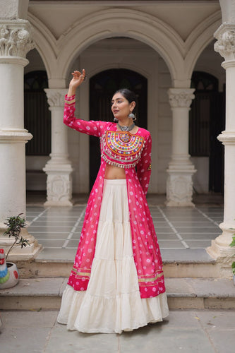Pink Navratri Special Bandhani Kurti with Kora Cotton Frill Lehenga Set – Full Stitched ClothsVilla