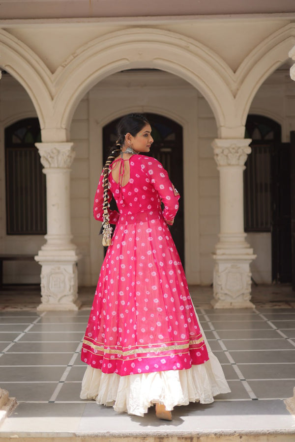 Pink Navratri Special Bandhani Kurti with Kora Cotton Frill Lehenga Set – Full Stitched ClothsVilla