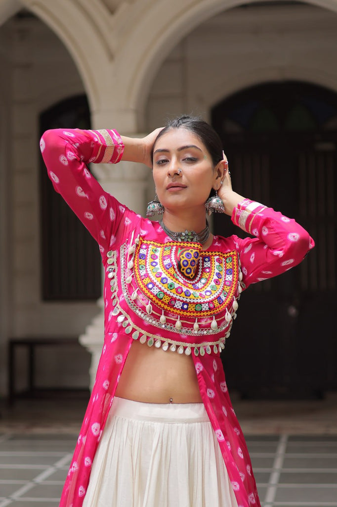 Pink Navratri Special Bandhani Kurti with Kora Cotton Frill Lehenga Set – Full Stitched ClothsVilla