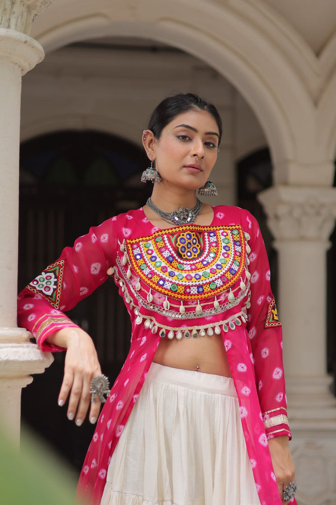 Pink Navratri Special Bandhani Kurti with Kora Cotton Frill Lehenga Set – Full Stitched ClothsVilla