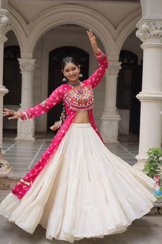 Pink Navratri Special Bandhani Kurti with Kora Cotton Frill Lehenga Set – Full Stitched ClothsVilla