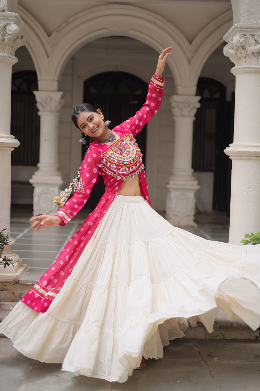 Pink Navratri Special Bandhani Kurti with Kora Cotton Frill Lehenga Set – Full Stitched ClothsVilla