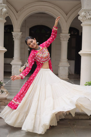Pink Navratri Special Bandhani Kurti with Kora Cotton Frill Lehenga Set – Full Stitched ClothsVilla
