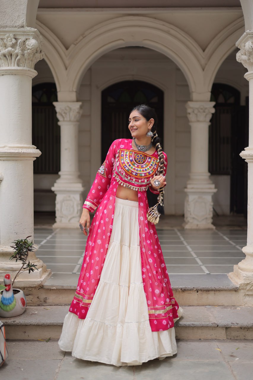 Pink Navratri Special Bandhani Kurti with Kora Cotton Frill Lehenga Set – Full Stitched ClothsVilla
