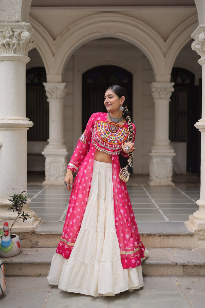 Pink Navratri Special Bandhani Kurti with Kora Cotton Frill Lehenga Set – Full Stitched ClothsVilla