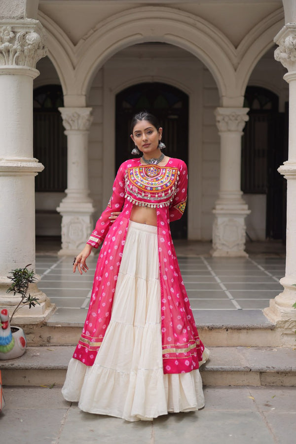 Pink Navratri Special Bandhani Kurti with Kora Cotton Frill Lehenga Set – Full Stitched ClothsVilla