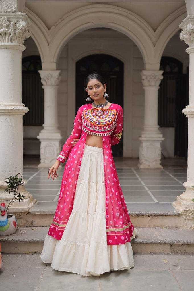 Pink Navratri Special Bandhani Kurti with Kora Cotton Frill Lehenga Set – Full Stitched ClothsVilla