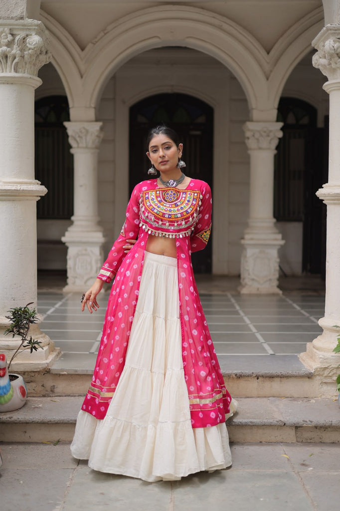 Pink Navratri Special Bandhani Kurti with Kora Cotton Frill Lehenga Set – Full Stitched ClothsVilla