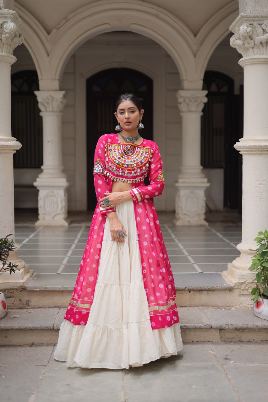 Pink Navratri Special Bandhani Kurti with Kora Cotton Frill Lehenga Set – Full Stitched ClothsVilla