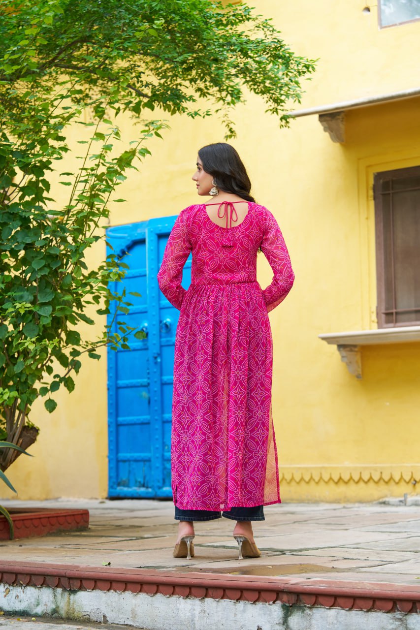 Pink Navratri Special Bandhej Print Kurti with Kutchi Patch Work ClothsVilla