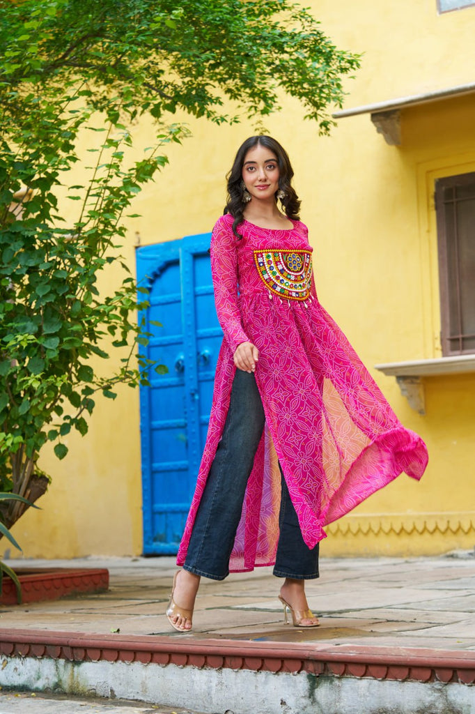 Pink Navratri Special Bandhej Print Kurti with Kutchi Patch Work ClothsVilla