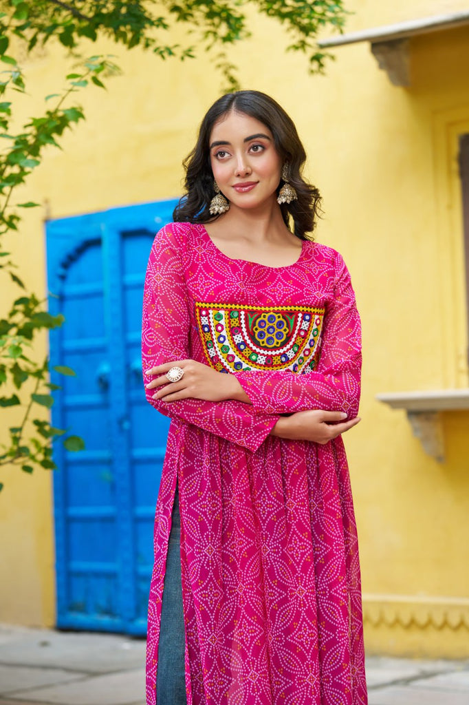 Pink Navratri Special Bandhej Print Kurti with Kutchi Patch Work ClothsVilla