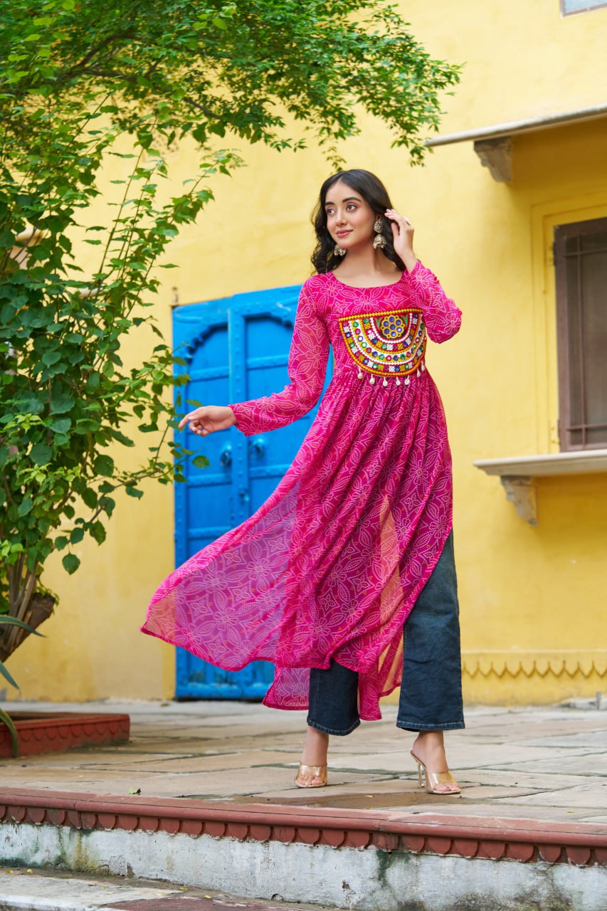 Pink Navratri Special Bandhej Print Kurti with Kutchi Patch Work ClothsVilla