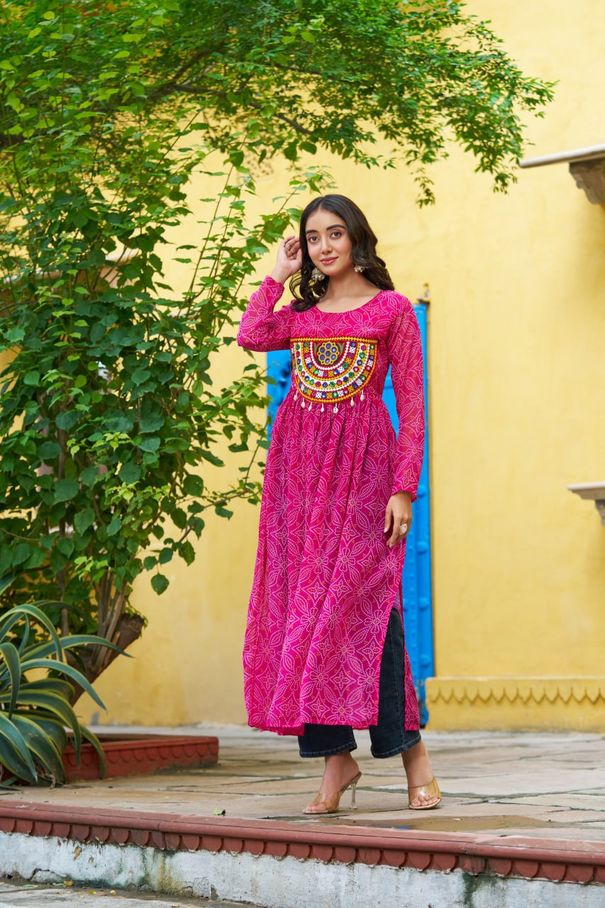 Pink Navratri Special Bandhej Print Kurti with Kutchi Patch Work ClothsVilla