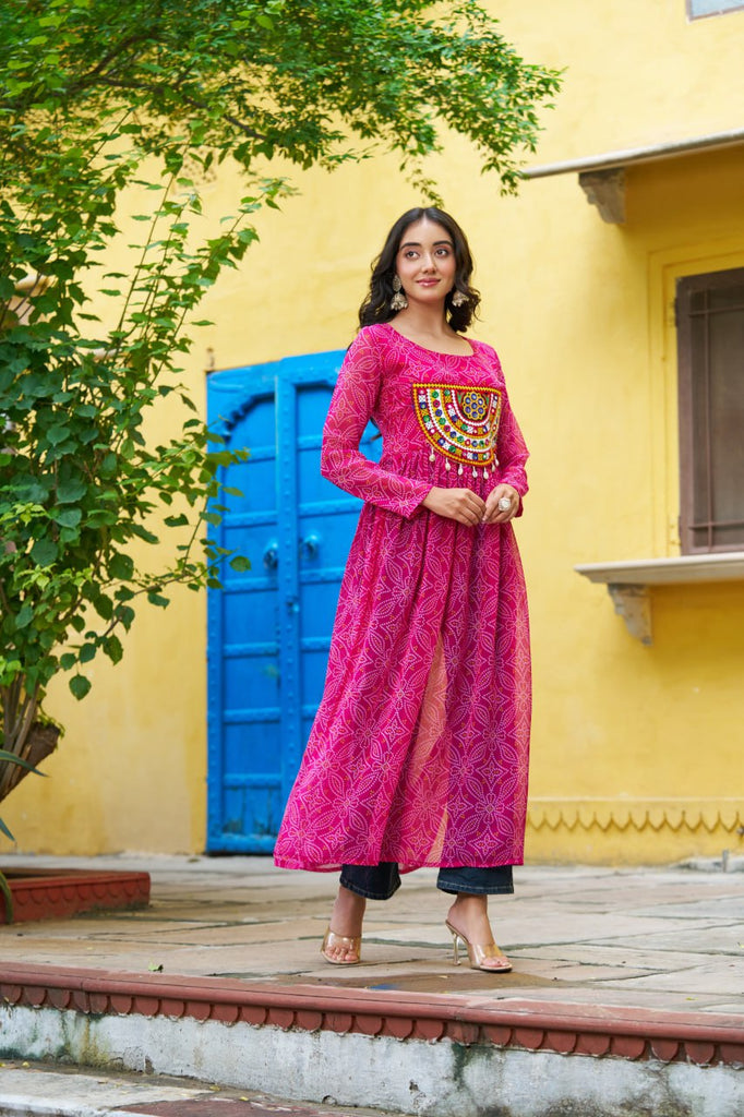 Pink Navratri Special Bandhej Print Kurti with Kutchi Patch Work ClothsVilla