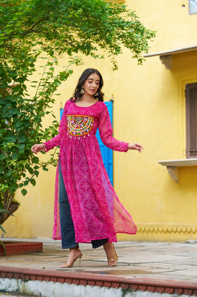 Pink Navratri Special Bandhej Print Kurti with Kutchi Patch Work ClothsVilla
