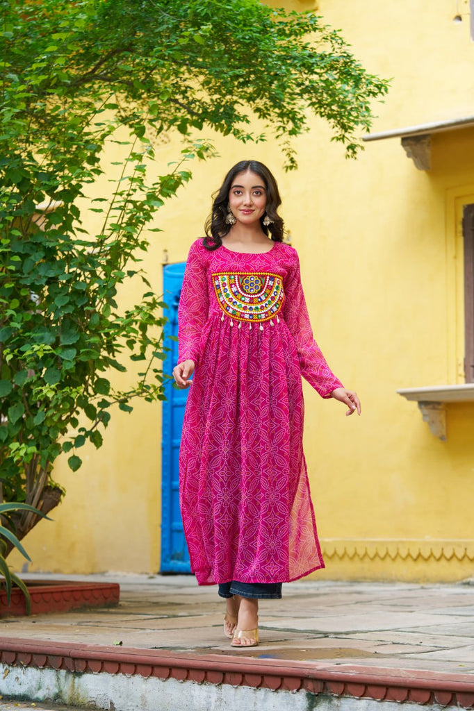 Pink Navratri Special Bandhej Print Kurti with Kutchi Patch Work ClothsVilla