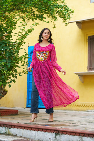Pink Navratri Special Bandhej Print Kurti with Kutchi Patch Work ClothsVilla