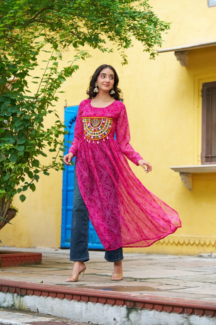 Pink Navratri Special Bandhej Print Kurti with Kutchi Patch Work ClothsVilla