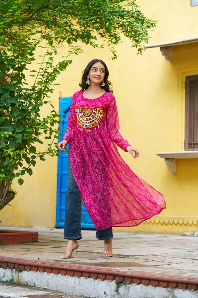 Pink Navratri Special Bandhej Print Kurti with Kutchi Patch Work ClothsVilla