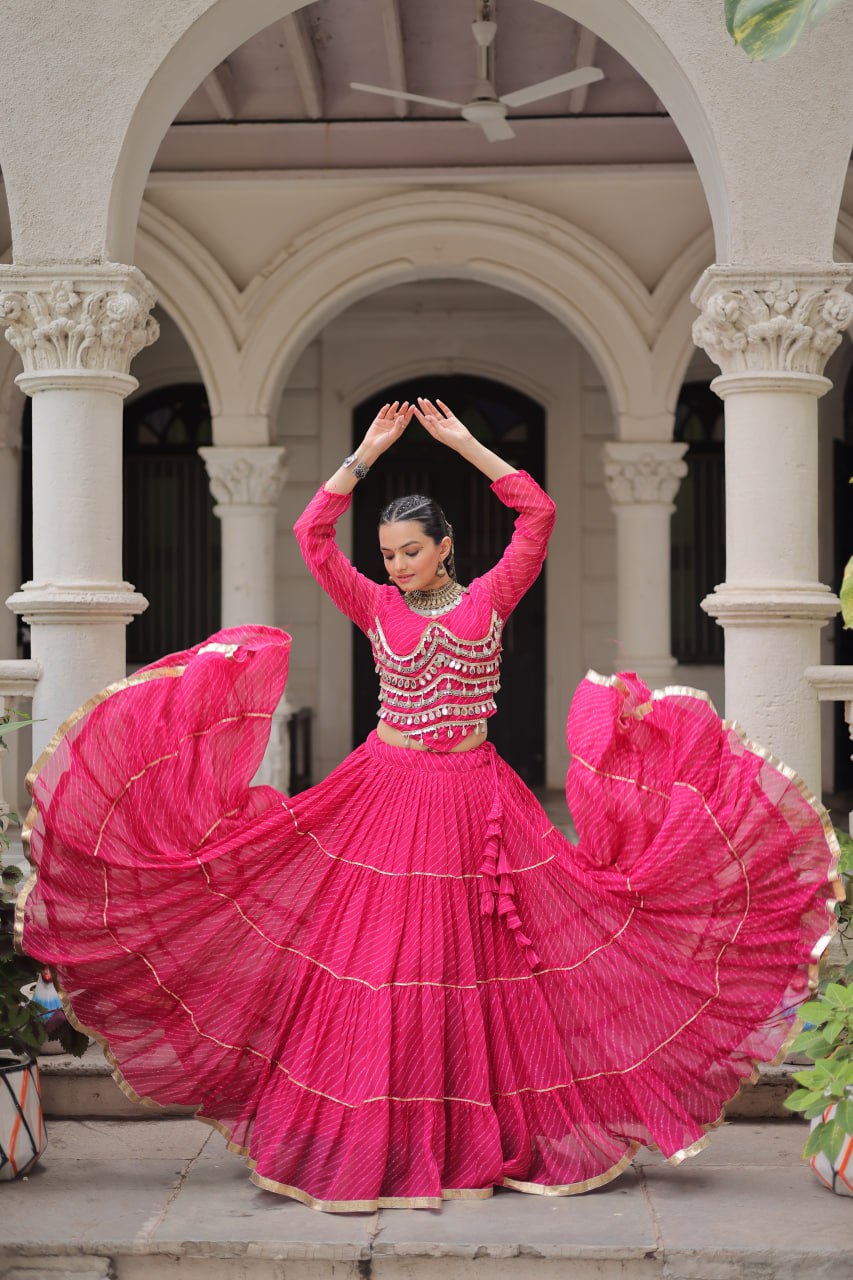Pink Navratri Special Leheriya Print Lehenga Choli with 12 Mtr Flair & Mirror Lace Work Secondary image