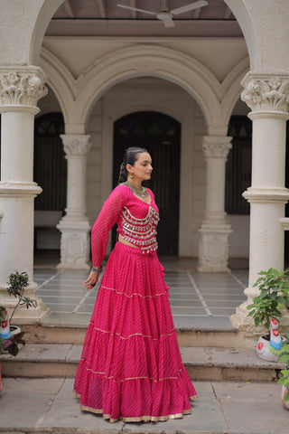 Pink Navratri Special Leheriya Print Lehenga Choli with 12 Mtr Flair & Mirror Lace Work ClothsVilla