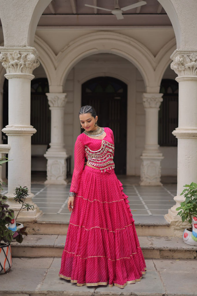 Pink Navratri Special Leheriya Print Lehenga Choli with 12 Mtr Flair & Mirror Lace Work ClothsVilla