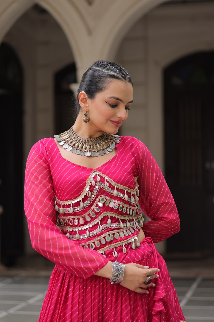 Pink Navratri Special Leheriya Print Lehenga Choli with 12 Mtr Flair & Mirror Lace Work ClothsVilla