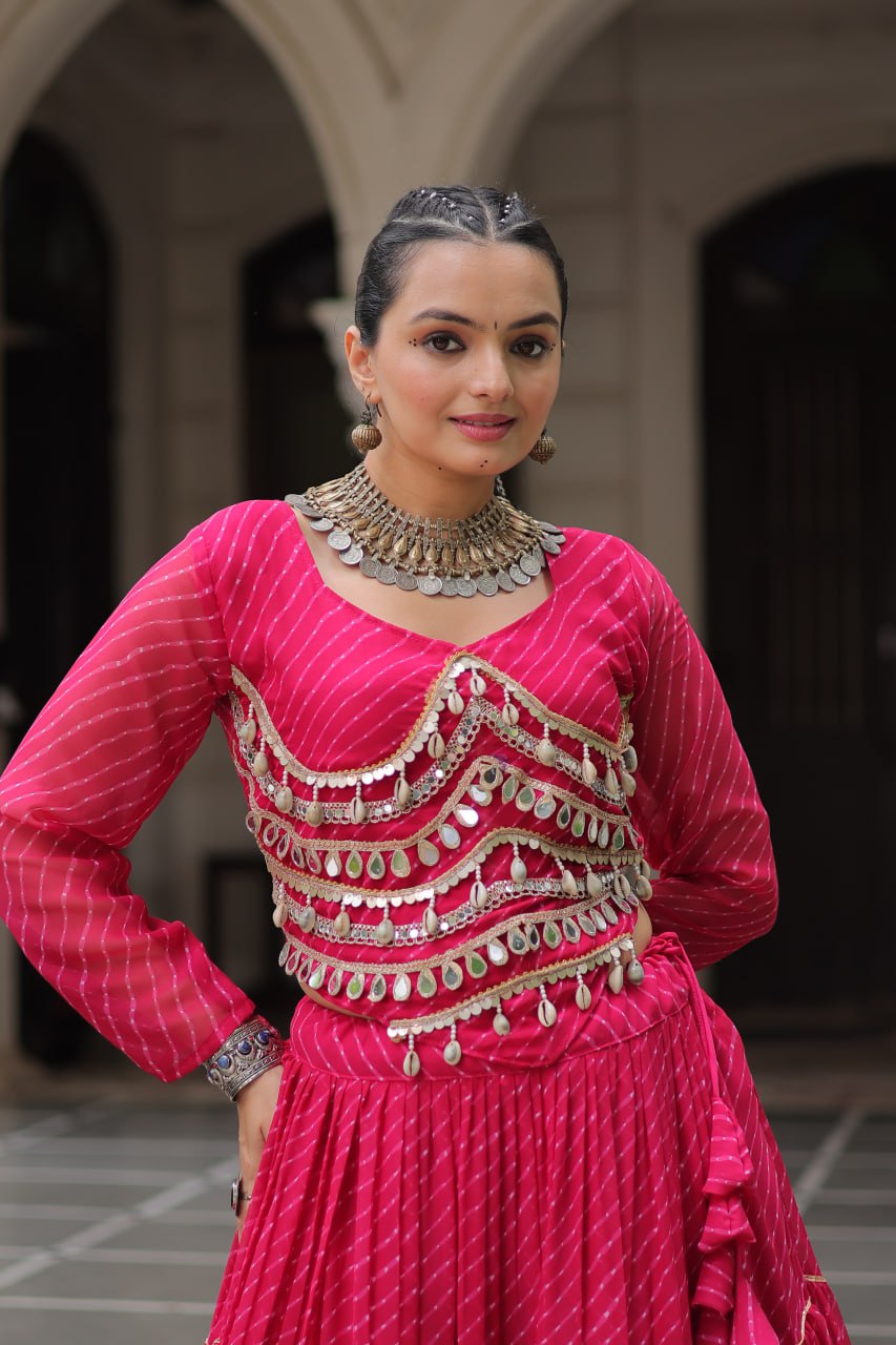 Pink Navratri Special Leheriya Print Lehenga Choli with 12 Mtr Flair & Mirror Lace Work ClothsVilla