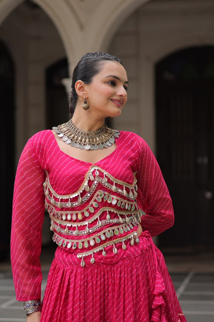 Pink Navratri Special Leheriya Print Lehenga Choli with 12 Mtr Flair & Mirror Lace Work ClothsVilla