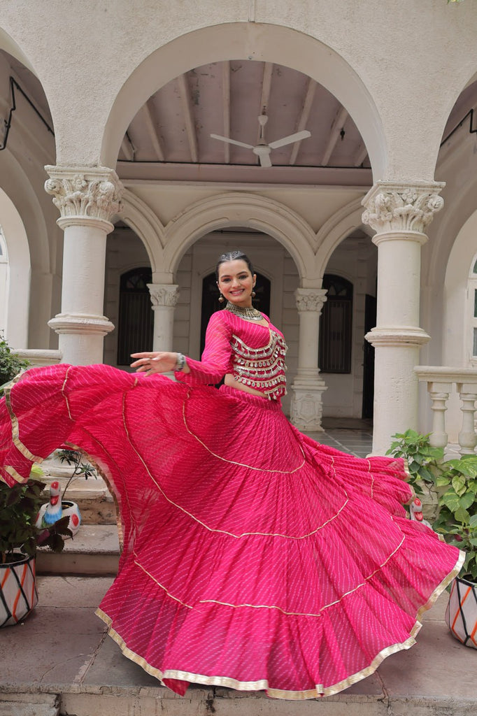 Pink Navratri Special Leheriya Print Lehenga Choli with 12 Mtr Flair & Mirror Lace Work ClothsVilla