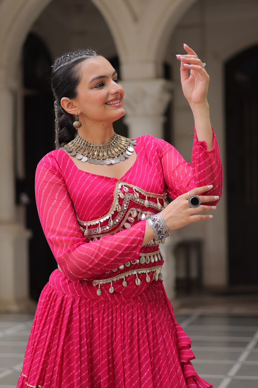 Pink Navratri Special Leheriya Print Lehenga Choli with 12 Mtr Flair & Mirror Lace Work ClothsVilla