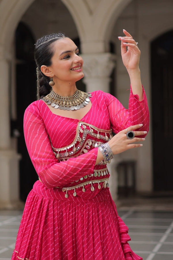 Pink Navratri Special Leheriya Print Lehenga Choli with 12 Mtr Flair & Mirror Lace Work ClothsVilla