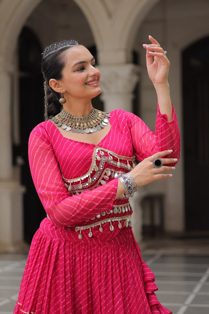 Pink Navratri Special Leheriya Print Lehenga Choli with 12 Mtr Flair & Mirror Lace Work ClothsVilla