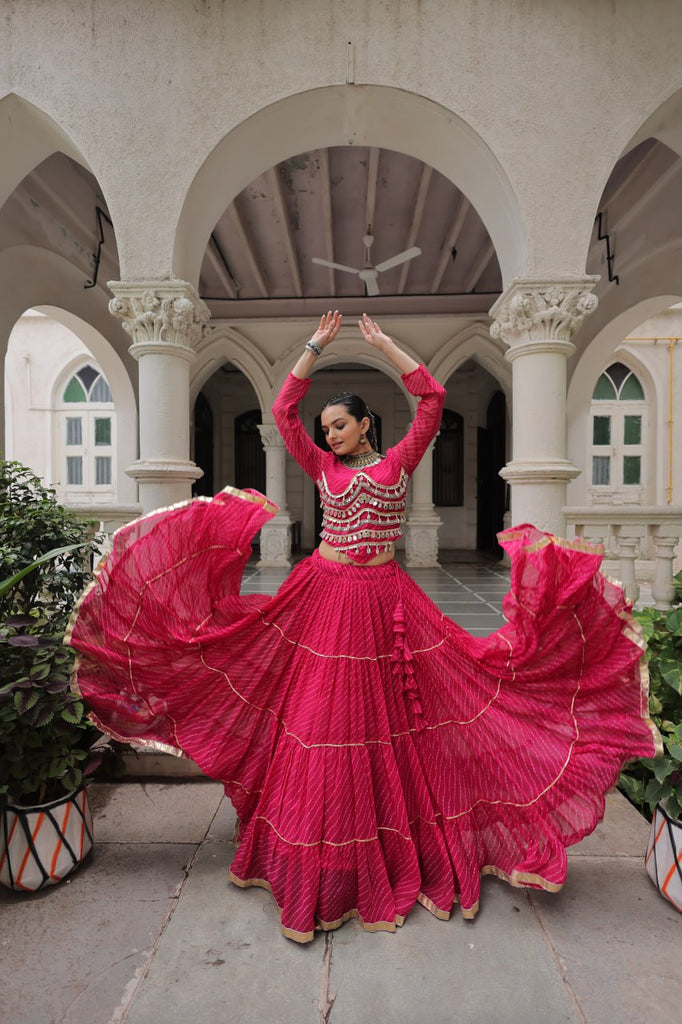 Pink Navratri Special Leheriya Print Lehenga Choli with 12 Mtr Flair & Mirror Lace Work ClothsVilla
