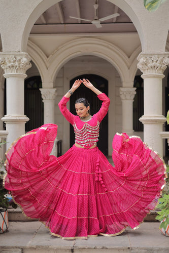 Pink Navratri Special Leheriya Print Lehenga Choli with 12 Mtr Flair & Mirror Lace Work ClothsVilla