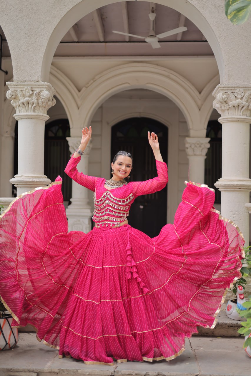 Pink Navratri Special Leheriya Print Lehenga Choli with 12 Mtr Flair & Mirror Lace Work ClothsVilla
