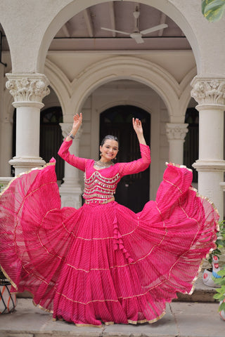 Pink Navratri Special Leheriya Print Lehenga Choli with 12 Mtr Flair & Mirror Lace Work ClothsVilla