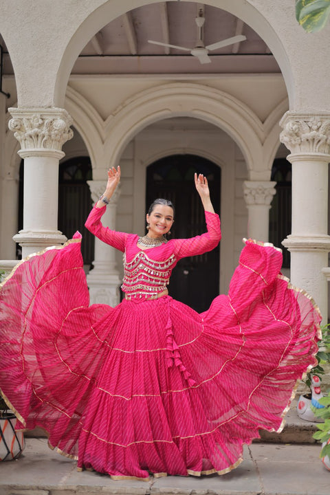 Pink Navratri Special Leheriya Print Lehenga Choli with 12 Mtr Flair & Mirror Lace Work ClothsVilla Main image