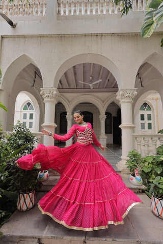 Pink Navratri Special Leheriya Print Lehenga Choli with 12 Mtr Flair & Mirror Lace Work ClothsVilla