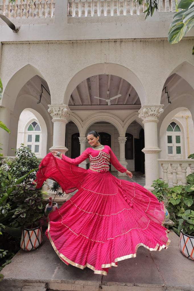Pink Navratri Special Leheriya Print Lehenga Choli with 12 Mtr Flair & Mirror Lace Work ClothsVilla