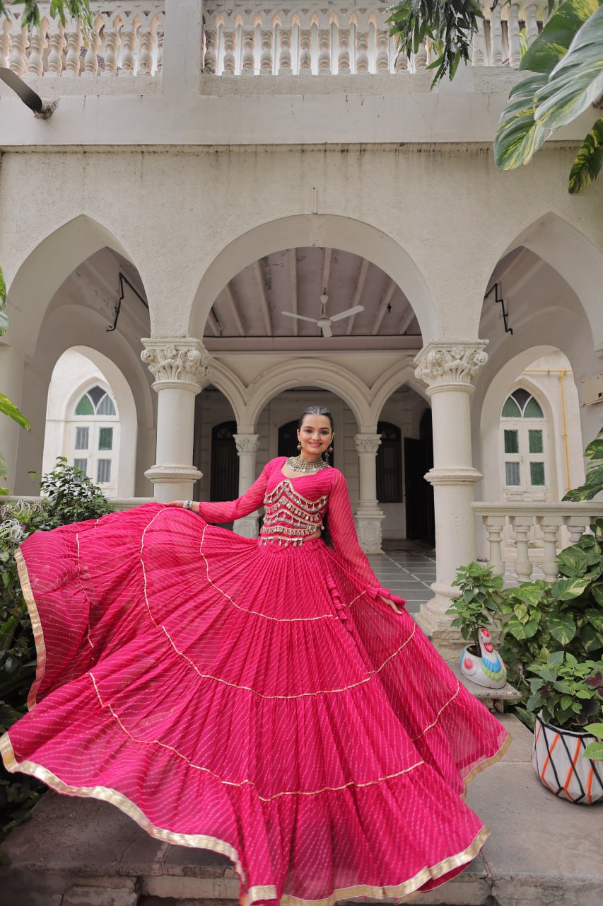 Pink Navratri Special Leheriya Print Lehenga Choli with 12 Mtr Flair & Mirror Lace Work ClothsVilla