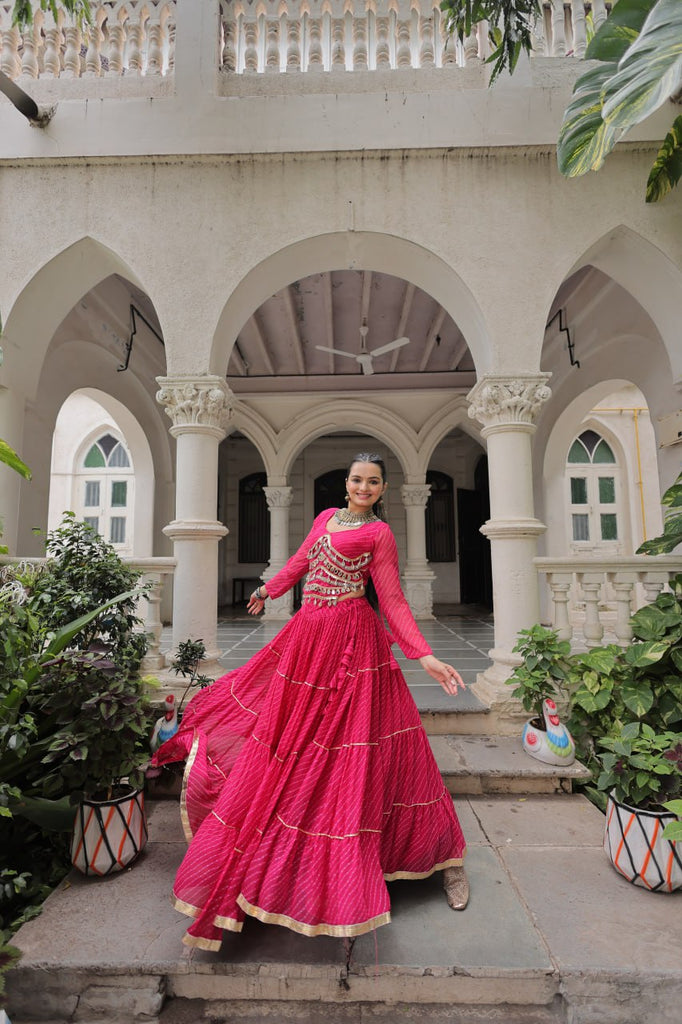 Pink Navratri Special Leheriya Print Lehenga Choli with 12 Mtr Flair & Mirror Lace Work ClothsVilla